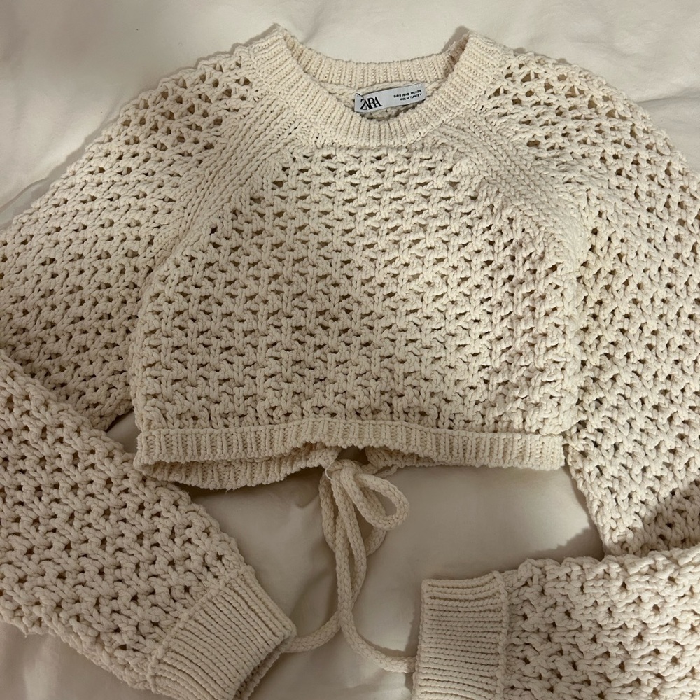 ZARA Cream Crochet Cropped Drawstring Sweater